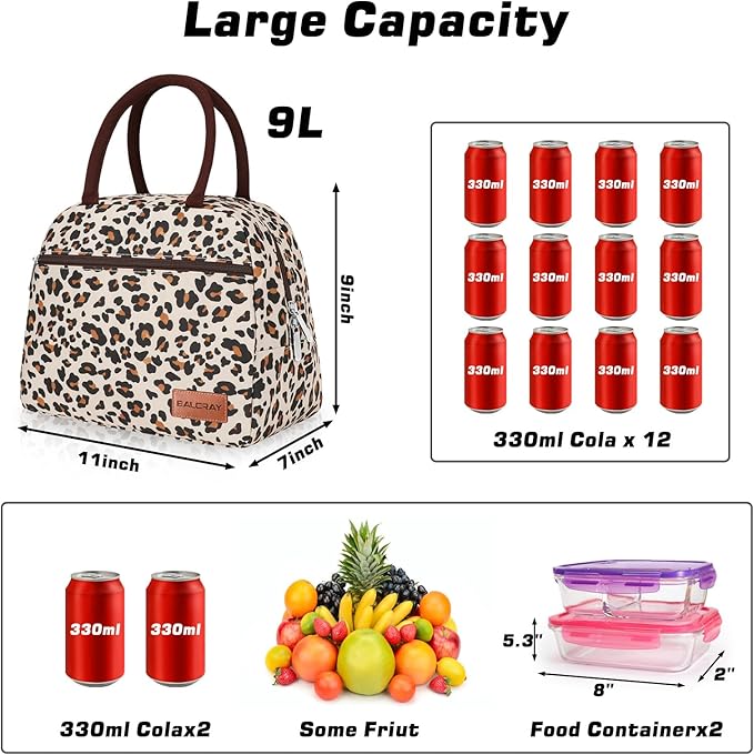 BALORAY Lunch Bag for Women Men Cute Reusable Insulated Lunch Box Large Capacity Lunch Tote Bag for Work, Picnic or Travel (Zipper Leopard)