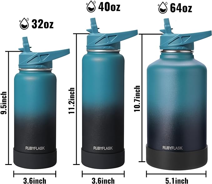 40oz Insulated Water Bottle with Straw, Stainless Steel Metal Vacuum Water Flask, Large Thermal Water bottle with Leakproof 3 Lids for Travel, Camping, Gym Sports Black Gray