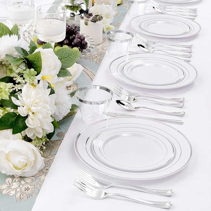 WELLIFE 300 PCS Silver Dinnerware Set for 50 Guests, Silver Plastic Disposable Plates for Party, 50 Dinner Plates, 50 Salad Plates, 50 Cups Forks Knives Spoons for Wedding and Party Anniversary