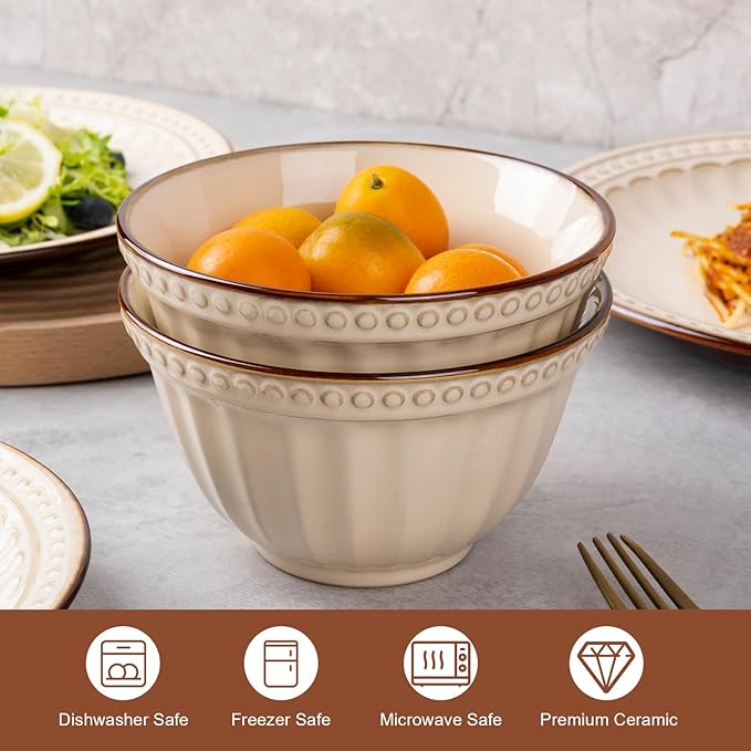 Dinnerware Set Cream White 12 Pieces Service for 4, Stoneware Plates and Bowls Set Stoneware Set, Dishwasher Microwave Safe Dishes set