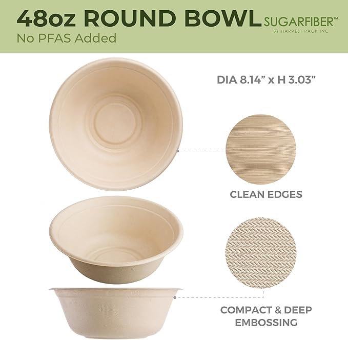 [500 COUNT]Harvest Pack PFAS FREE 48oz Round Compostable Paper Bowls with Flat Lids - Heavy-Duty Eco-Friendly Disposable Bagasse Large Soup Bowls Sugarcane made plant fibers for Meal Prep