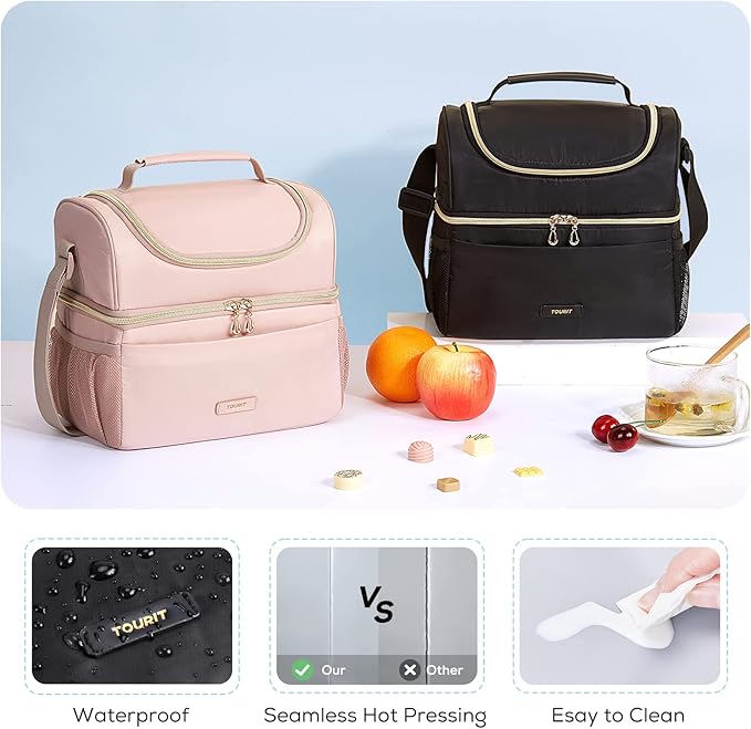 TOURIT Insulated Lunch Bag with Dual Compartment, Leakproof Cooler Tote for Work Office Picnic, Thermal Food Container Black