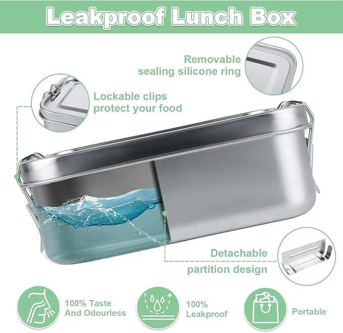 QTLCOHD 4 Pack 850ml Stainless Steel Lunch Box for Adults, 29oz Metal Bento Box with 2 Compartments, Leak-Proof Lunch Container with Lockable Clips, Metal Food Storage for Travel, Work