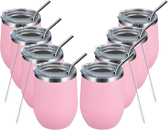 MEWAY 12 OZ/8 Pack Wine Tumbler Glasses with Lid - Stemless Double Wall Vacuum Stainless Steel Travel Tumbler - Keeping Cold & Hot for Wine,Coffee,Cocktails,Drinks-Family and Gifts (Pink,Set of 8)