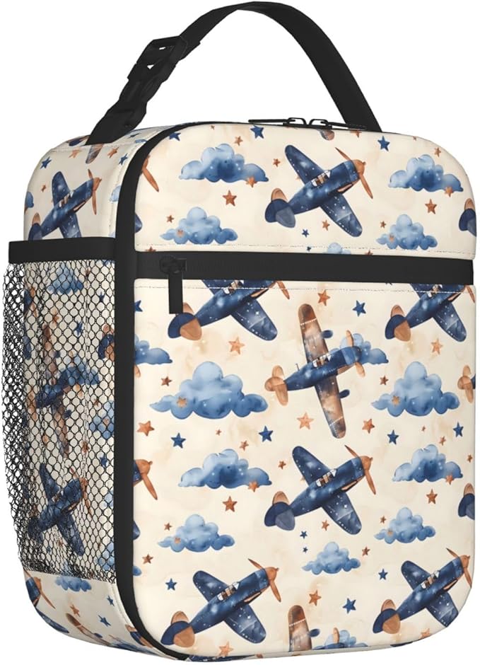 Vintage Airplane Lunch Box for Adults Kids, Insulated Cooler Polyester Lunchbag, Cloud and Star Pattern Handbags for Picnic, School, Office, Travel, Portable Reusable Tote Thermal Bags