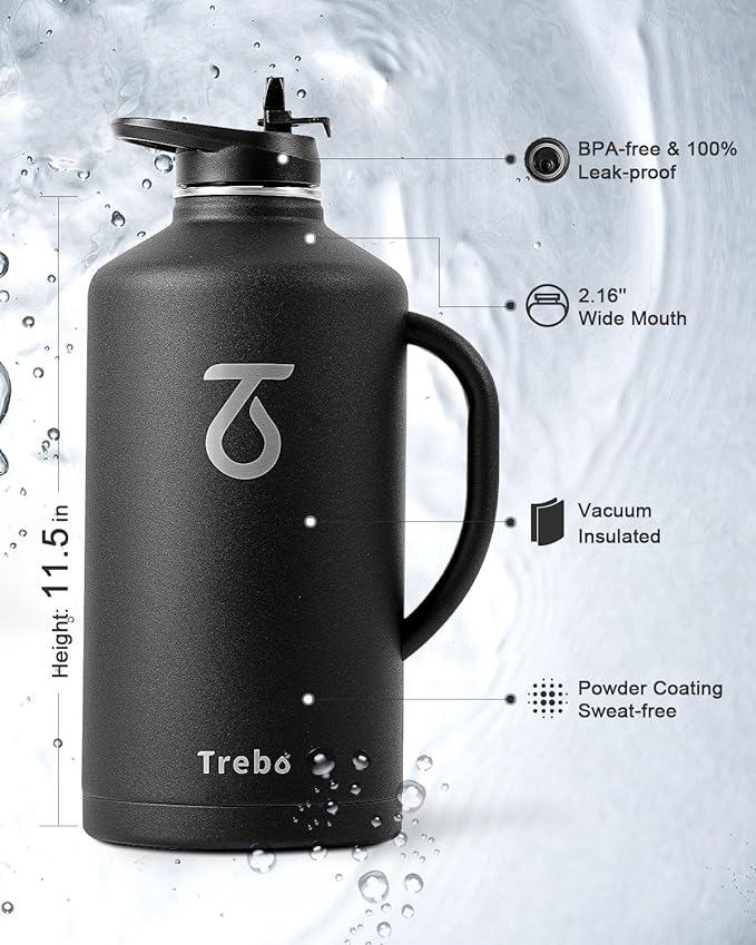 Trebo 128 oz Water Bottle Insulated with Handle, One Gallon Stainless Steel Metal Large Jug, Travel Flask with Straw Spout Lid, Mug Tumbler Cup with Carry Pouch, Keep Cold Hot, Black