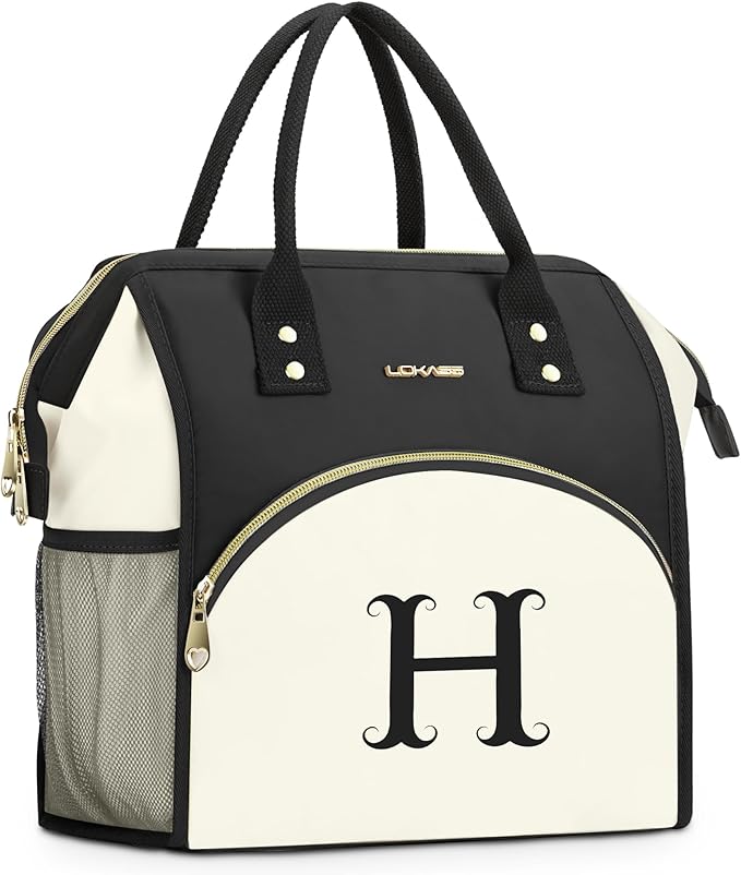 Personalized Lunch Box for Women, Initial Reusable Insulated Lunch Bag, Wide-Open Adult Lunchbox Cooler Lunchbag, Initial Leakproof Lunch Tote Bag for Picnic Work Outdoors Black and White - H