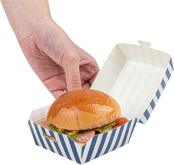 Restaurantware 2.8 x 2.8 x 2 Inch Mini Burger Boxes 100 Clamshell Food Containers - Hinged Lid Striped Blue And White Paper Take Out Boxes Serve Sliders Or Finger Foods