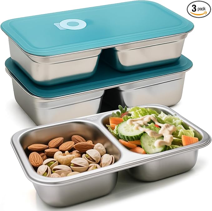 3 Pack Stainless Steel Snack Containers - Reusable 2 Compartment Lunchable Snack Prep Containers with Leakproof Lids, Grab and Go Divided Food Lunch Storage Containers for School, Travel