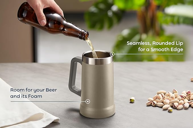 KooK Beer Stein, Stainless Steel Coffee Mug, Tumbler with Thermal Vacuum Insulation, Double Walled Drinking Cup, Large Handle, Shatterproof, Taupe, 23.7 oz