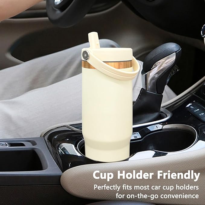 30 oz Tumbler Bulk with Handle and Straw, Vacuum Insulated Tumblers with Flip Straw and Top Handle, Leakproof Powder Coated Tumbler, Stainless Steel Travel Mug for Coffee Water (Cream, 8 Pack)