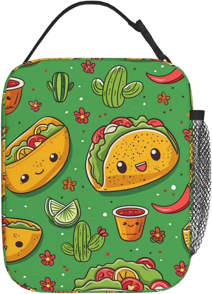 Reusable Taco and Cactus Lunch Box for Kids Girls Boys Women Adult, Insulated Mexican Food Lunch Bag,Polyester Cooler Handbags Case for School Picnic Work Travel Beach or Hiking (Green)