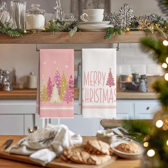 Artoid Mode Pink Star Xmas Tree Merry Christmas Bar Kitchen Towels, 12x24 Inch Quick Dry Microfiber Cloth Dish Towels for Kitchen Drying Set of 2
