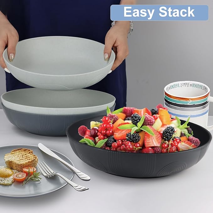 PYRMONT Wheat Straw Salad Bowls - 65oz Large Pasta Bowls - 10 Inches Serving Bowl Set of 6 - Wide and Shallow Bowl for Kitchen - Dishwasher Safe - Black to Grey