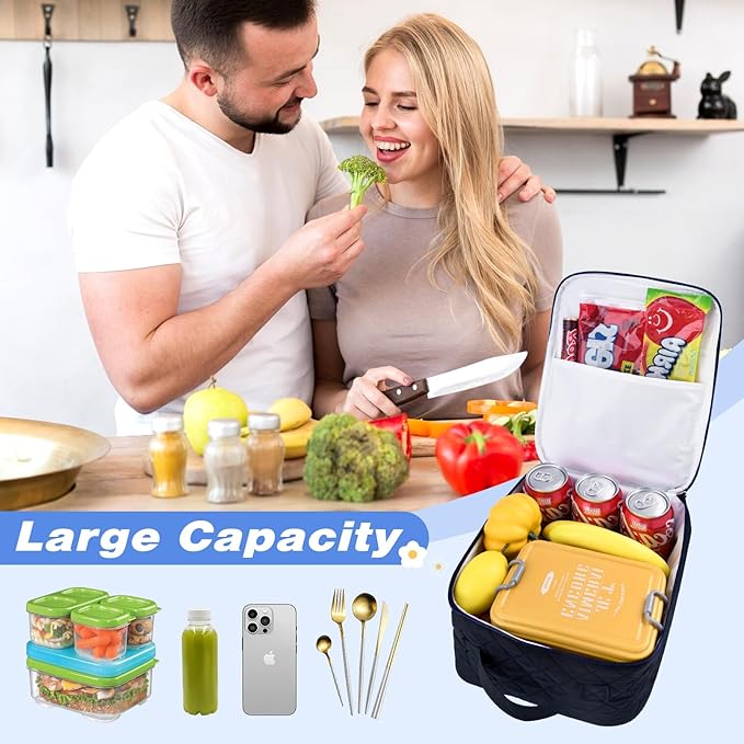 Aileam Lunch Box Lunch Bag for Women Cute Girls Lunch Box Insulated Womens Lunch Bag For Work Quilted Large Capacity Reusable Insulated Cooler for Work School Picnic Travel, Navy Blue