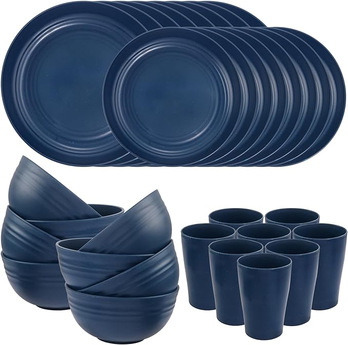 Supernal Wheat Straw Dinnerware Sets, Tableware Set for 8, Plates and Bowls Sets, Reusable Dinnerware Set, Microwave Dishwasher Safe, Blue Plastic Dinnerware Sets 16pcs Plates, 8pcs Bowls, 8pcs Cups