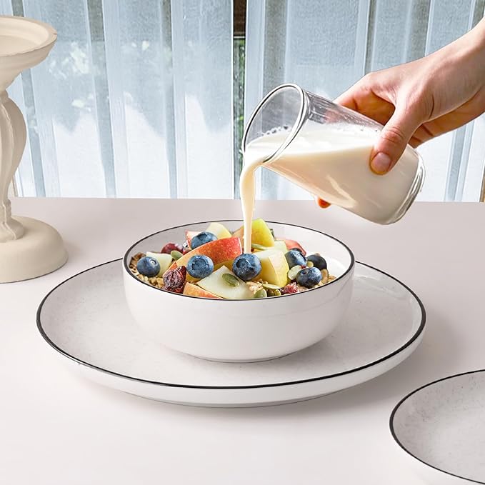 Plates and Bowls Sets for 4,12 Pieces Ceramic Dish set, White Dinnerware Set for Kitchen, Modern Design Plate Sets with Black Rim, Microwave and Dishwasher Safe