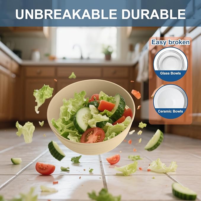 Wheat Straw Bowl, 26 OZ Cereal Bowls Set of 6, Unbreakable Plastic Bowls Reusable, Dishwasher and Microwave Safe Bowls for Kitchen, Camping, Serving Bowl for Soup, Cereal, Salad (Beige)