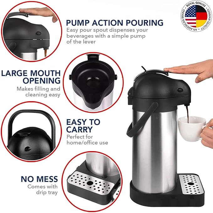 Airpot Coffee Dispenser 102 oz (3L) with Pump, Drip Tray and Cleaning Brush - Stainless Steel Insulated Carafe - 24 Hour Heat Retention - 36 Hour Cold Retention - 2 Gifts are included