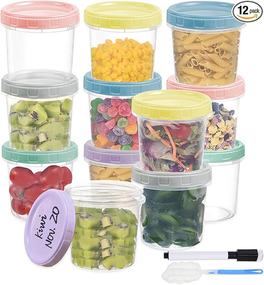 12pcs 16 oz Plastic Deli Containers with Screw Lids, Small Freezer Container Reusable 2 Cup Food Storage Container with Pen & Brush for Snack Salad Fruit, Microwave & Dishwasher Safe BPA Free
