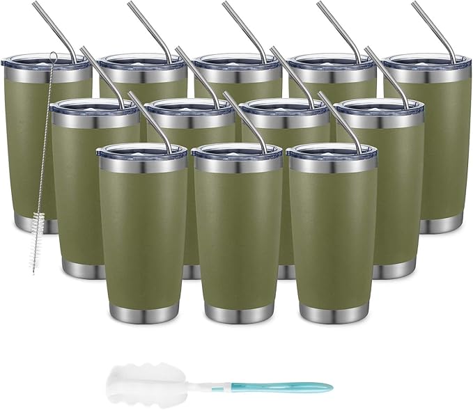 COMOOO 20oz Double Wall Vacuum Insulated Travel Mug, Stainless Steel Tumbler with Lid and Straw Durable Powder Coated Insulated Coffee Cup for Cold & Hot Drinks (Army Green, 12 pack