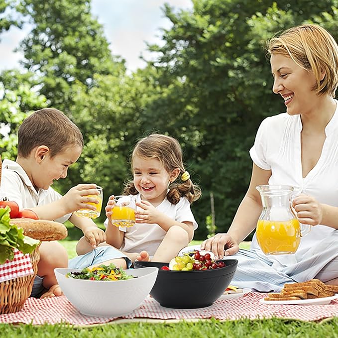 Wrova Big Wheat Straw Bowls,Unbreakable Large Salad Bowls,Dishwasher and Microware Safe Plastic Bowls Reusable,Kitchen Bowl Set for Salad,Cereal,Soup and Oatmeal.Black and White