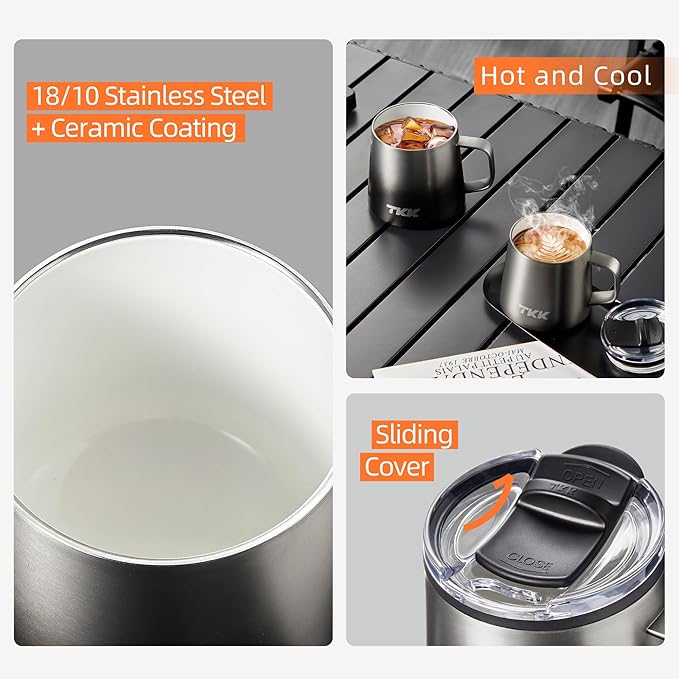 TKK 12 oz Insulated Coffee Mug with Handle Ceramic Coating Detachable Slider Lid Stainless Steel Tumbler Double Wall Vacuum Travel Cup