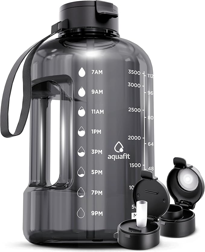AQUAFIT 1 Gallon Water Bottle with Time Marker - Straw & Chug Lid - BPA Free Gym Water Bottle with Straw - Big Gallon Jug (Gray, 128 oz - 2 Lids)