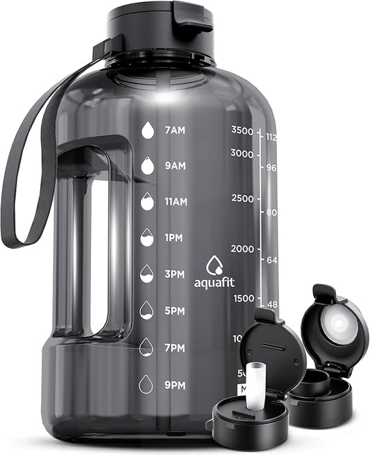 AQUAFIT 1 Gallon Water Bottle with Time Marker - Straw & Chug Lid - BPA Free Gym Water Bottle with Straw - Big Gallon Jug (Gray, 128 oz - 2 Lids)