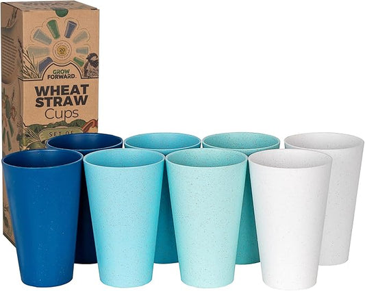 Grow Forward Premium Wheat Straw Cups - 20 oz Unbreakable BPA Free Hard Plastic Cups - Reusable Lightweight Plastic Drinking Glasses for Kitchen, Outdoor, Water, Camping, RV - Ocean