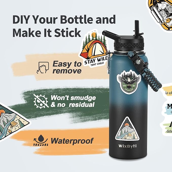 40 oz Insulated Water Bottle with Straw (Cold for 48 Hrs), Stainless Steel Triple Wall Vacuum Sports Water Jug, Leakproof Hydro Cup Flask with Paracord Handle & Straw Spout Lids & DIY Stickers