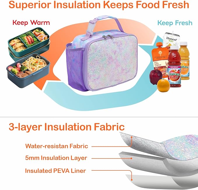 Bagseri Lunch Bag for Girls - Insulated Kids Lunch Bag with Water Bottle Holder Toddler Lunch Box Kids Lunch Cooler Tote for School Picnic, Glitter Purple Tie-dye (Water Bottle Not Included)