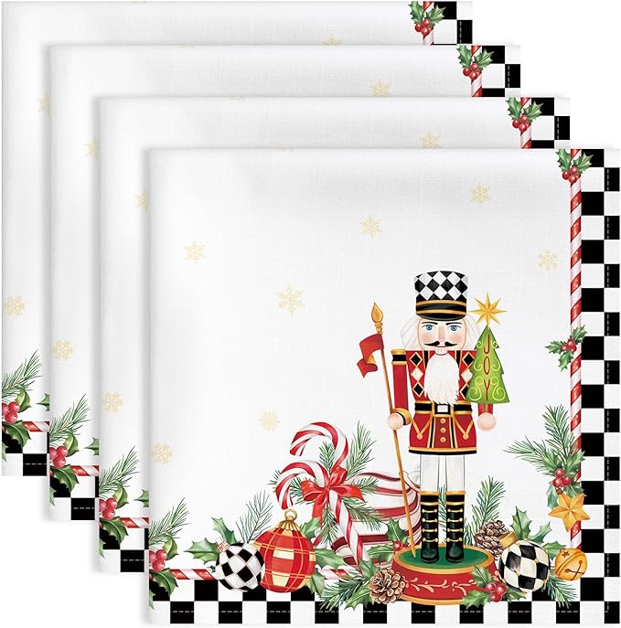 Christmas Nutcracker Napkins, 18×18 Inch Dinner Cloth Napkins Set of 4, Washable Cotton Soft Absorbent Square Table Top Decoration for Dining Kitchen Party Wedding