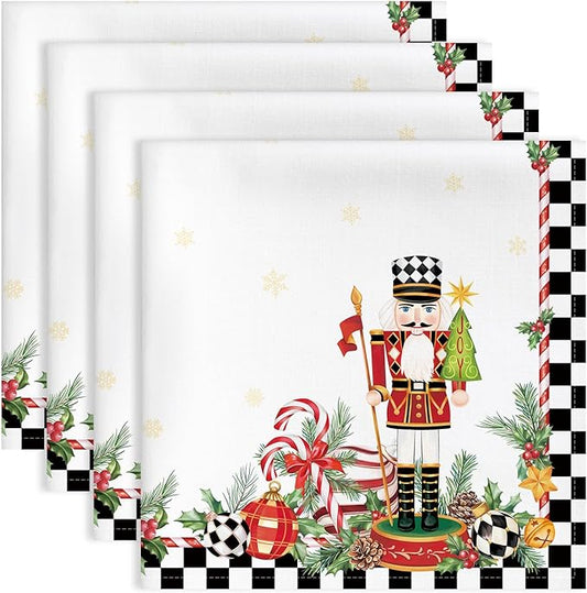 Christmas Nutcracker Napkins, 18×18 Inch Dinner Cloth Napkins Set of 4, Washable Cotton Soft Absorbent Square Table Top Decoration for Dining Kitchen Party Wedding