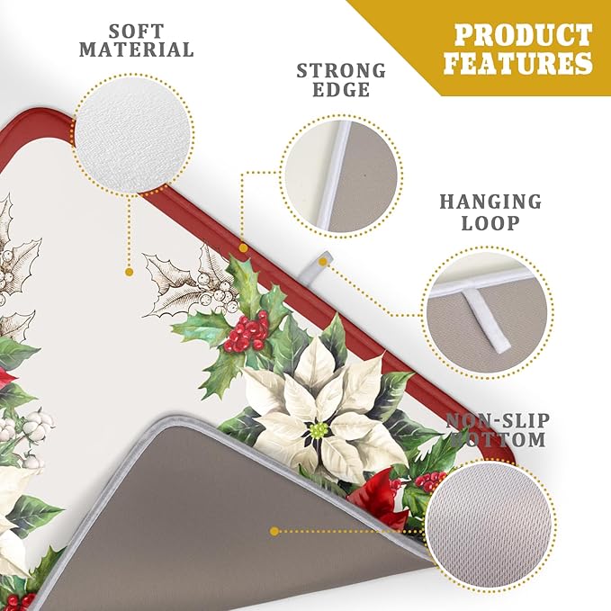 Christmas Dish Drying Mats for Kitchen Counter 18×24 Inch Red White Poinsettia Christmas Flower Large Microfiber Drying Mat Kitchen Accessories Dish Rack Mat Drainer Pad Washable Absorbent