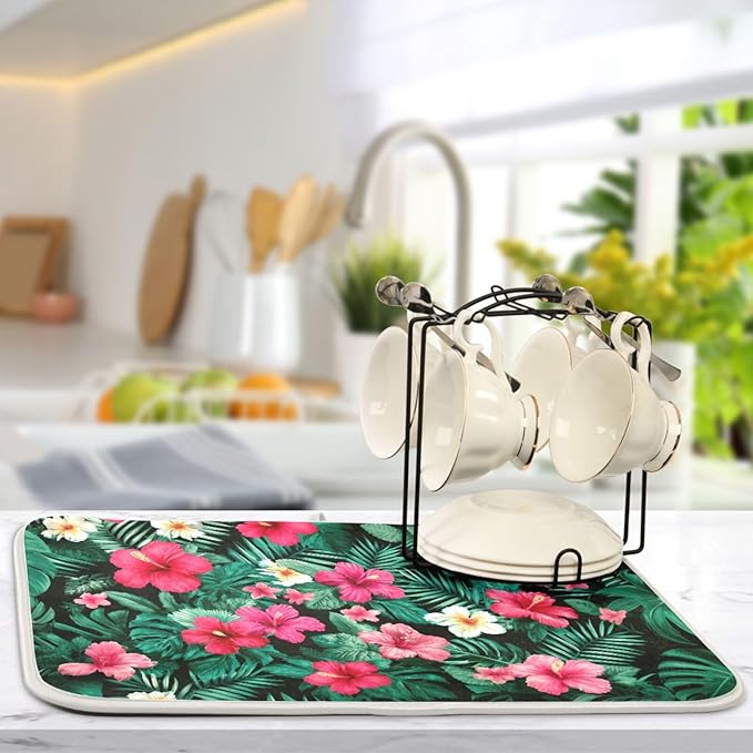 Tropical Flowers Leaves Pattern Dish Drying Mat for Kitchen Counter Super Absorbent Dishes Pad Reversible Microfiber Protector Dish Draining Mats 16x18 inch