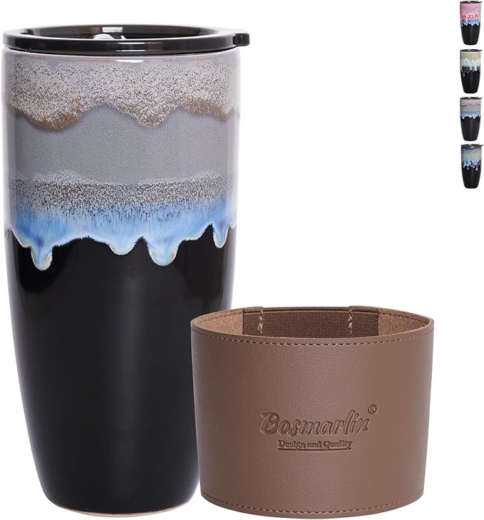 Bosmarlin Ceramic Travel Coffee Mug with Lid, 21 oz, Portable Coffee Cup for Car Cup Holder, Microwave and Dishwasher Safe, Reactive Glaze