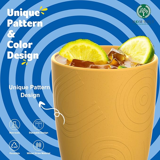 Homienly Wheat Straw Cups 8 Pcx Unbreakable Drinking Cup Reusable Dishwasher Safe Microwave Safe Plastic Reusable Cups with Yellow Color (12 OZ)