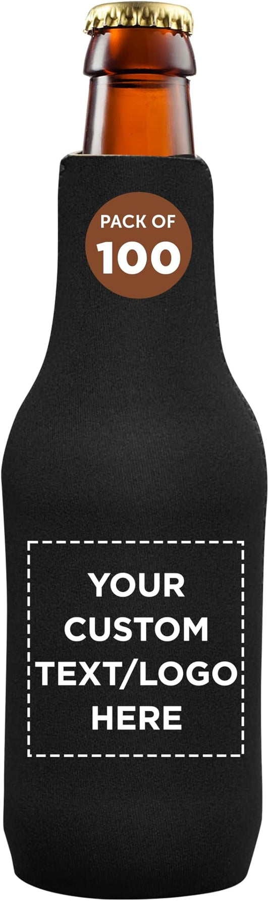 100 Neoprene Zippered Beer Bottle Coolies Pack - Customizable Text, Logo - Sharkskin Rubber Bottom - Black