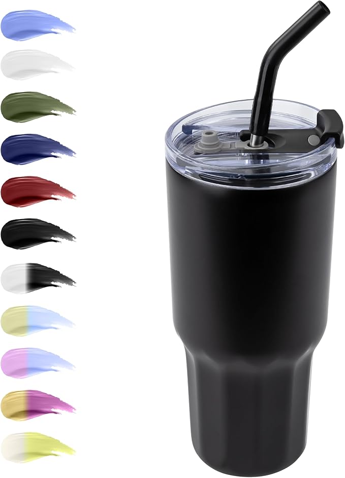 VEGOND 30 oz Insulated Stainless Steel Tumbler with lid and straw Double Wall Vacuum Travel Coffee Mug with Non-Slip Silicone Base, Sweat Proof Powder Coated Cup for Hot Cold Drinks, Black