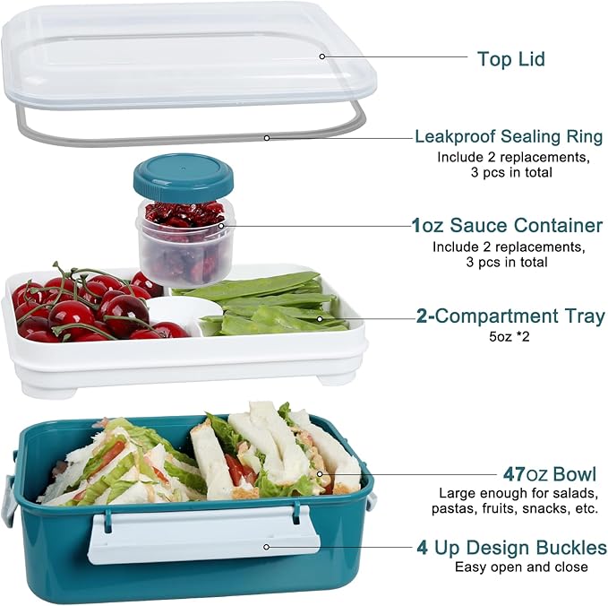 3 Pack Salad Lunch Box Food Storage Containers, 47oz Bento Box To Go Container with Lids, Meal Prep Containers with Removable Tray & Dressing Pots for Kids and Adults, Reusable and Microwave Safe