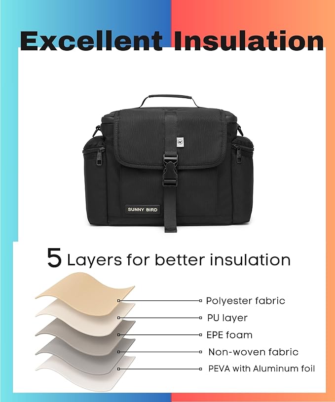 SUNNY BIRD Large Lunch Bag, Thermally Insulated Soft Cooler with Shoulder Strap for Women, Men (Black)