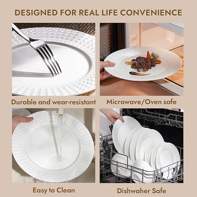 KINGSTONE Bone China Dinnerware Set, 18-Piece White Lightweight Porcelain for 6, Plates and Bowls with Rhombus patterned edge design, Microwave and Dishwasher Safe, for Family, Restaurant, Gifting