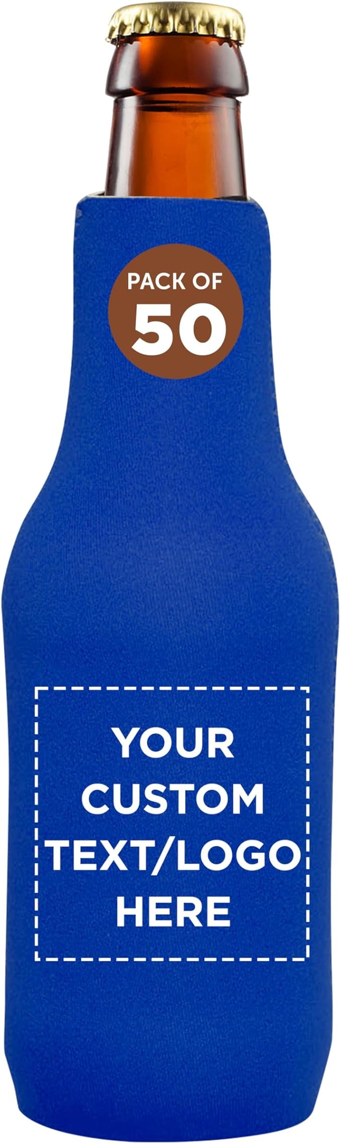50 Neoprene Zippered Beer Bottle Coolies Pack - Customizable Text, Logo - Sharkskin Rubber Bottom - Royal Blue