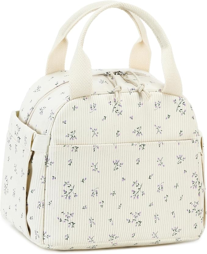 BTOOP Lunch Box for Women Men Cute Corduroy Lunch Bags Large Capacity Insulated Lunch Tote Bag For Work Travel Or Picnic (Purple-Flower)