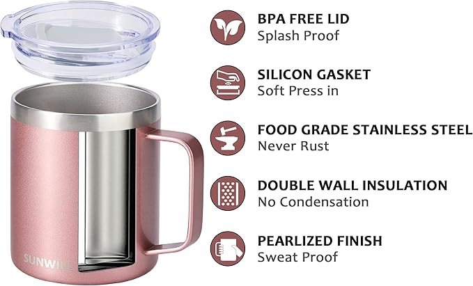 SUNWILL Travel Coffee Mug with Lid, Insulated Tumbler with Handle, 14 oz Stainless Steel Cup Set of 2 for Camping, Outdoor, Cool Grey & Rose Gold 2 Pack
