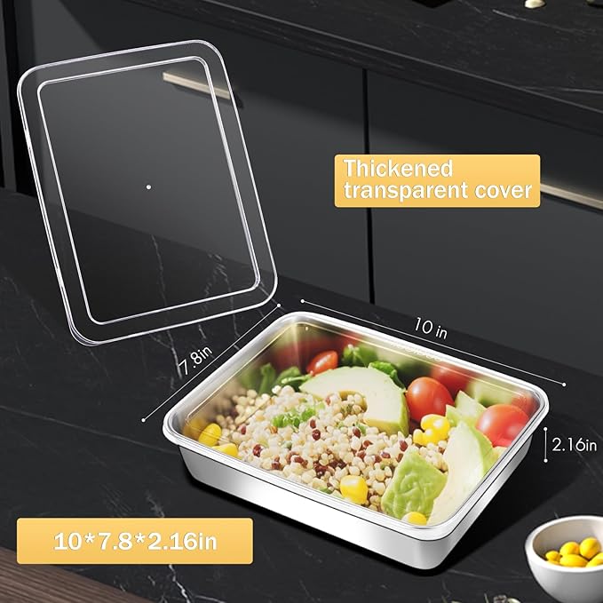 4 Pcs Stainless Steel Food Containers with Clear Lids, Stackable Snack Storage Boxes, Deli Meat Keeper for Refrigerator or Picnic, BBQ Party, Office, Gym Lunch