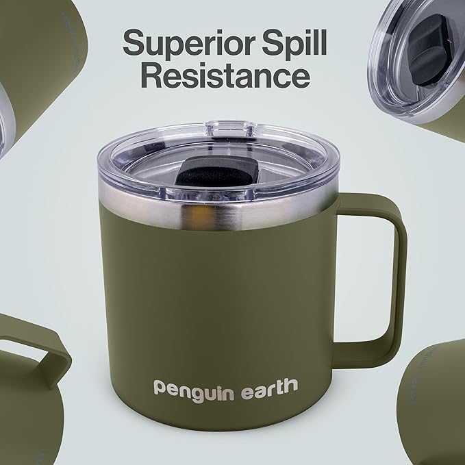 14 oz. Camping Mug with Lid, Coffee Mug. Travel Cup, Powder Coated, Vacuum Insulated, Stainless Steel, BPA Free. Travel Tumbler Cup, Dishwater safe (Green)