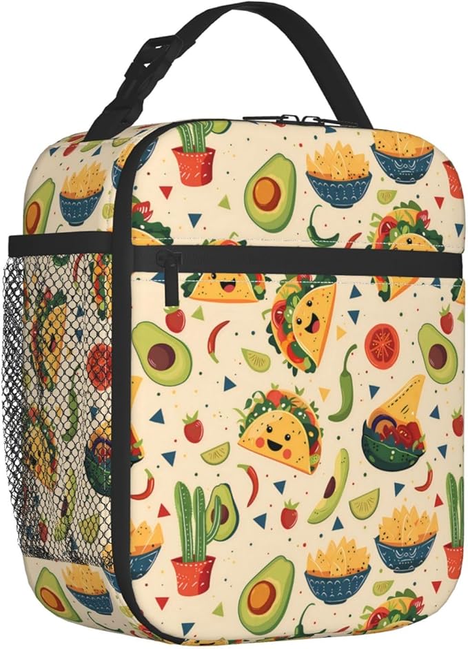 Reusable Taco and Avocado Lunch Box for Kids Girls Boys Women Adult, Insulated Mexican Food Lunch Bag,Polyester Cooler Handbags Case for School Picnic Work Travel Beach or Hiking