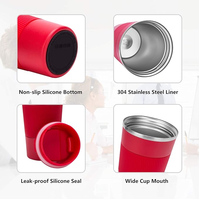 12oz Travel Coffee Mug Spill Proof, Insulated Coffee Mug with Lid, Leakproof Coffee Tumbler,Stainless Steel Vacuum Coffee Cup for Hot/Cold Drinks, Reusable Coffee Cup for Men Women -380ml,Red